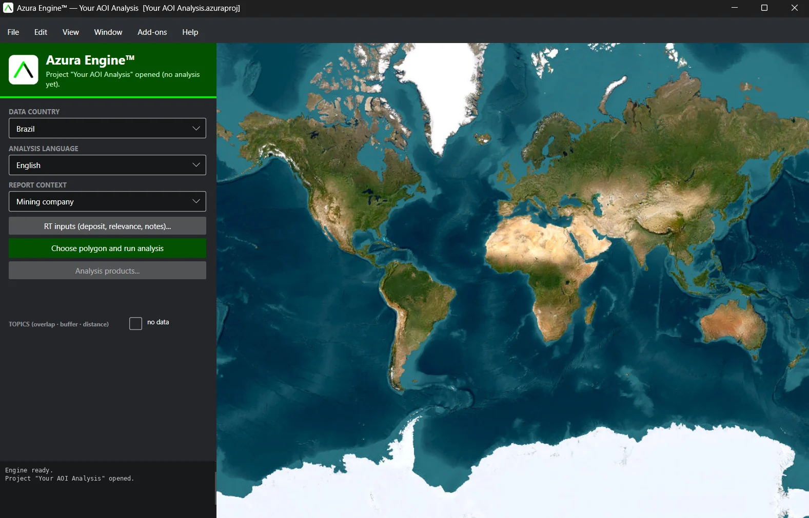 Azura Engine™ project setup: data country, analysis language and report context